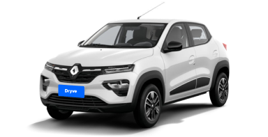 White Renault Kwid compact SUV shown from front right angle with DRYVE logo on license plate.
