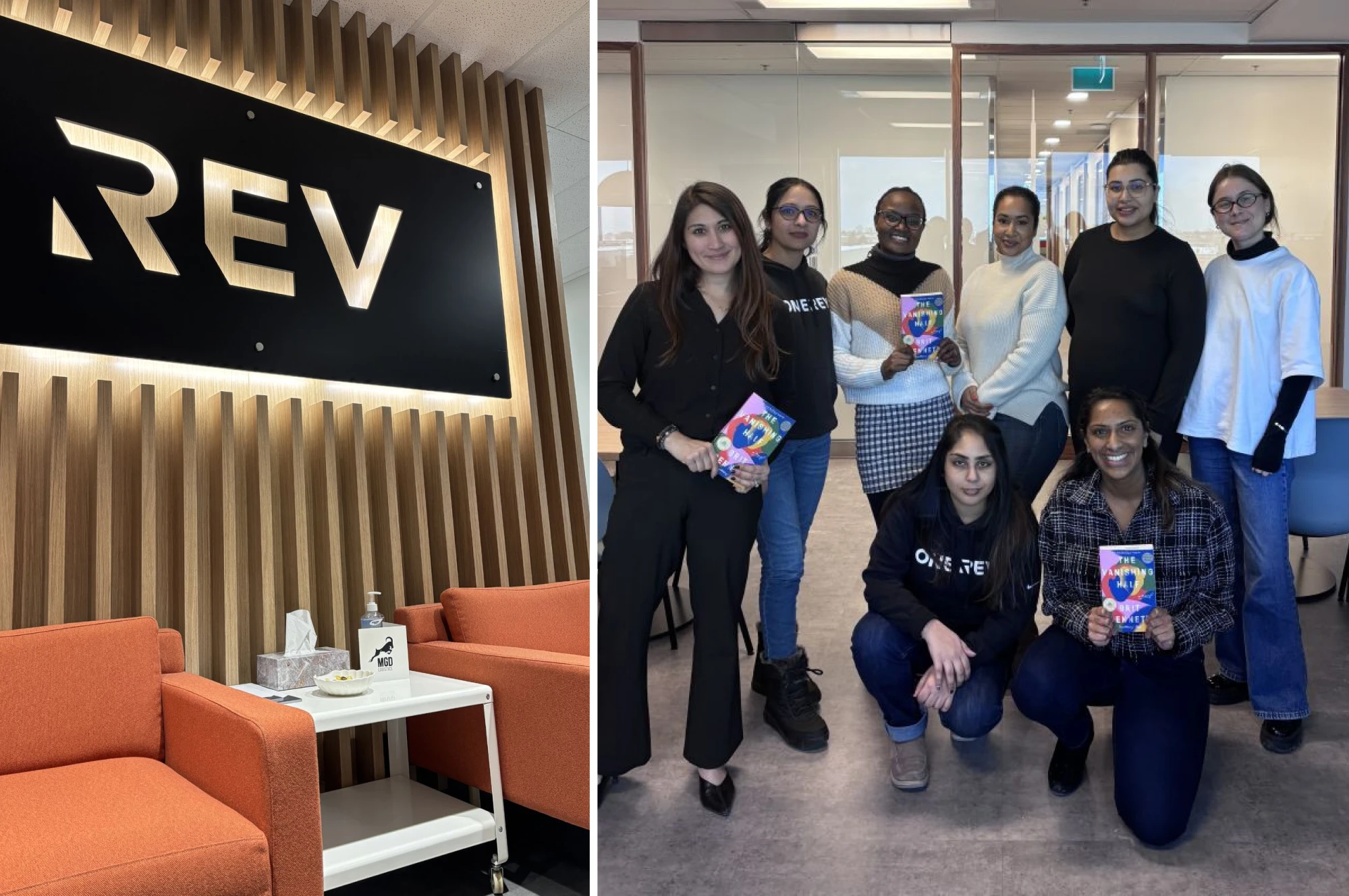 REV employees gather for a company book club at their new HQ at 400 Applewood Crescent, Vaughan, ON.