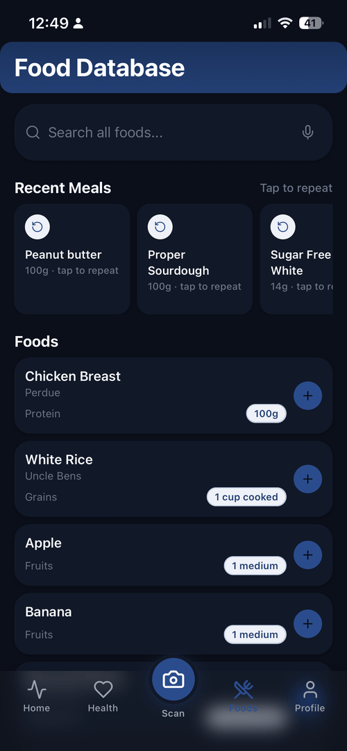 Kidney Ally food database search screen with nutrition data