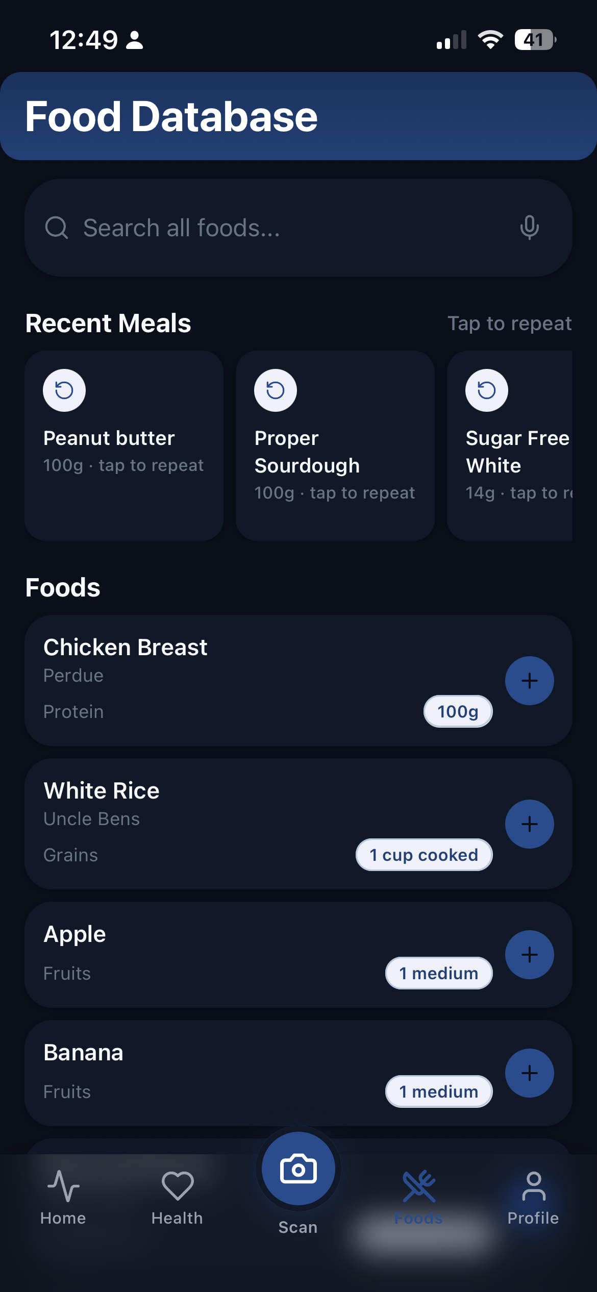 Kidney Ally food database search screen with nutrition data