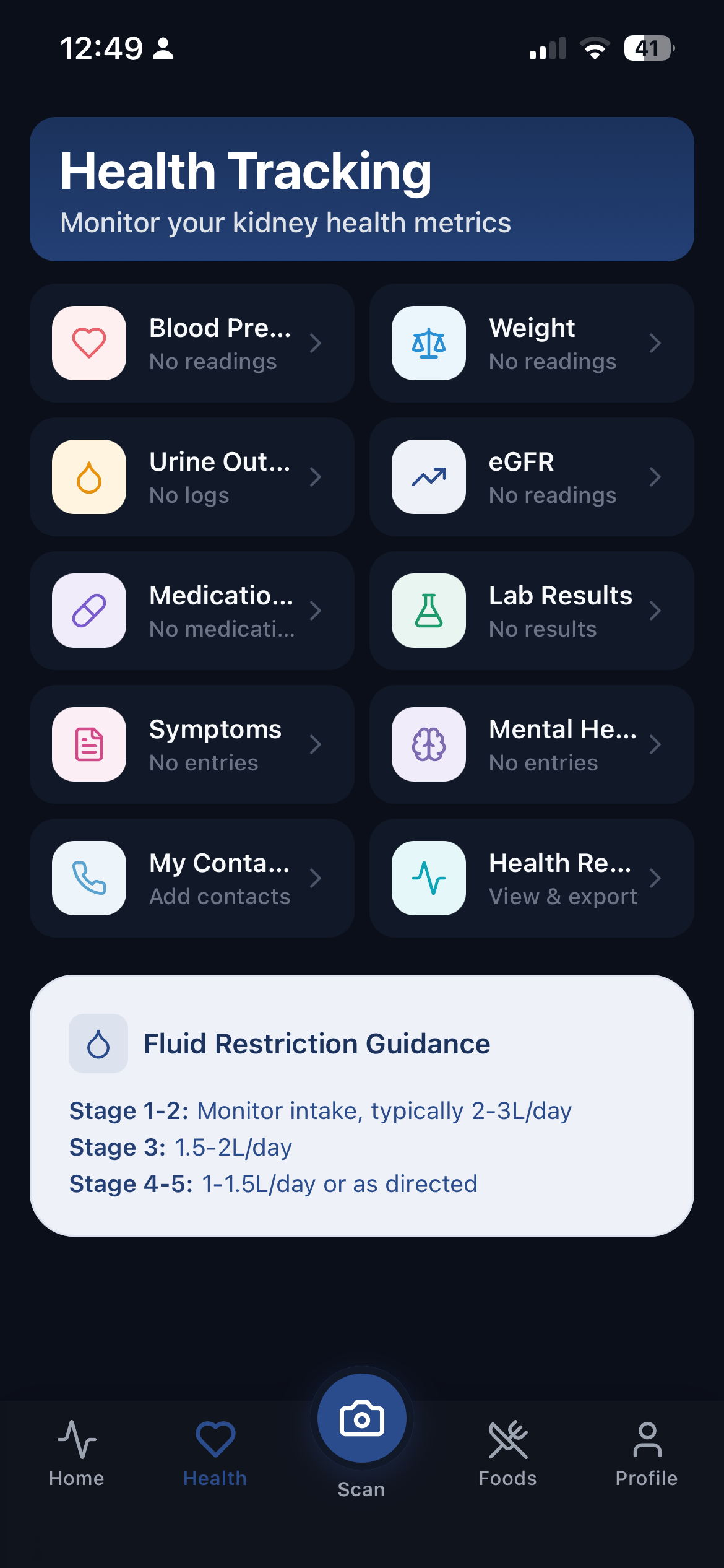 Kidney Ally health tracking screen showing blood pressure, weight, fluid intake and lab results