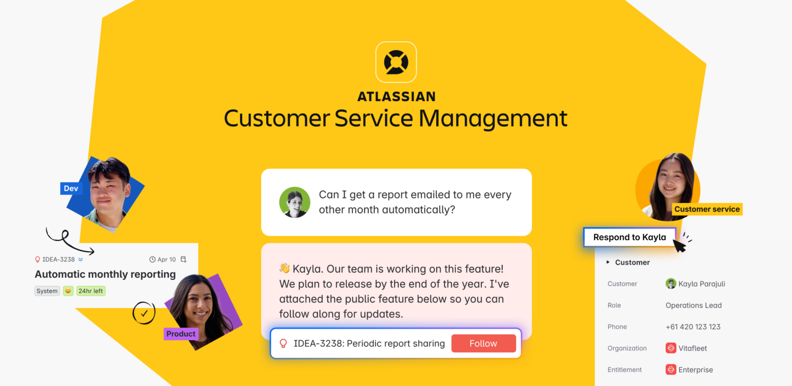 Infographic showing Atlassian's CSM app in action with messages and buttons