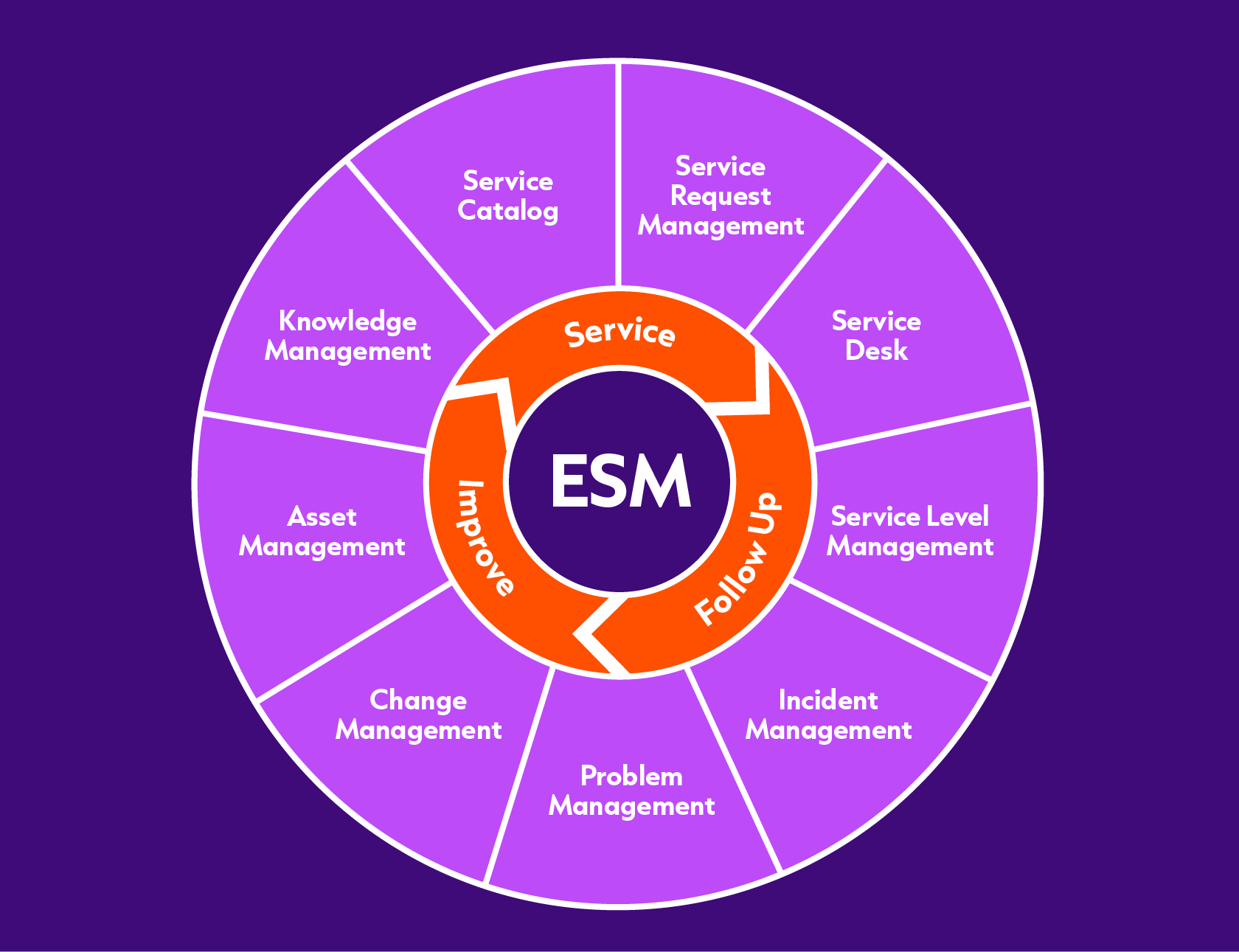 Infographic showing all the functions of ESM in a wheel, including asset, change, and problem management