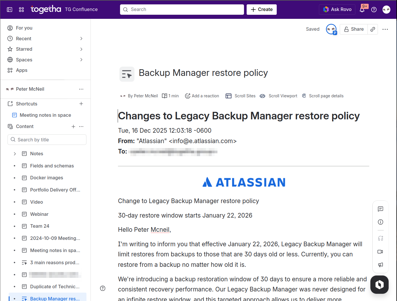 Screenshot showing an email imported into Confluence