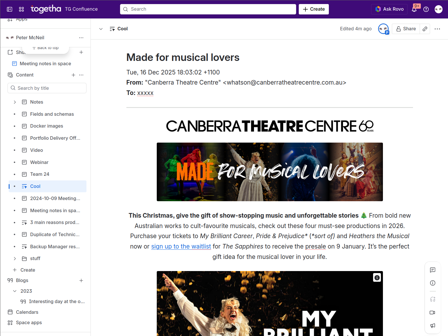 Screenshot showing an email imported into Confluence