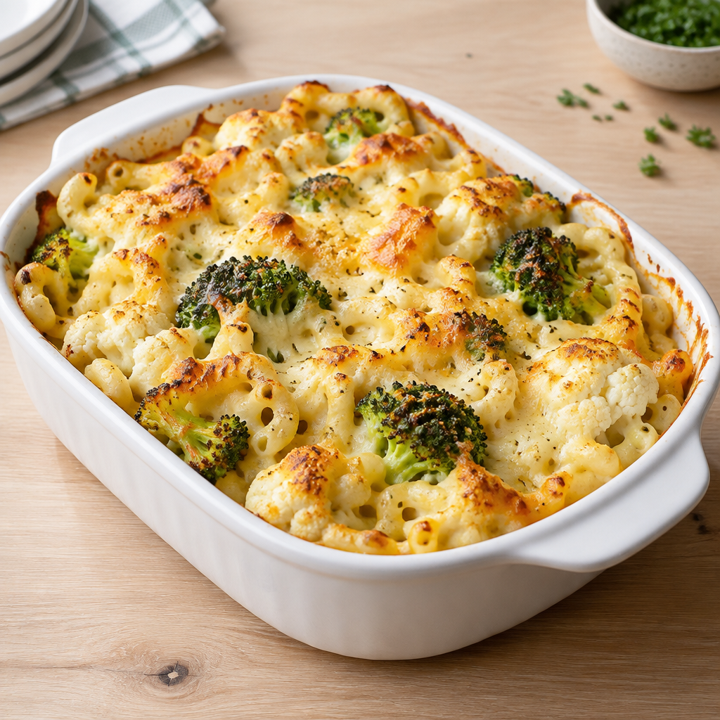 Baked Cauliflower and Broccoli Mac-n-Cheese