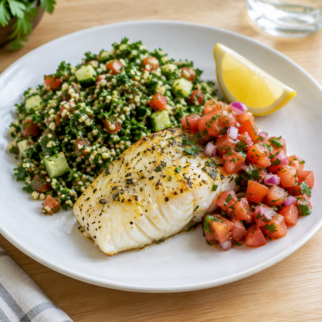 Baked Cod Filet, Tabouli and Tomato Salsa