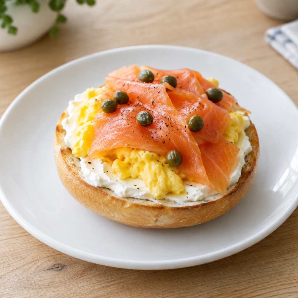 Bagel with Egg and Salmon