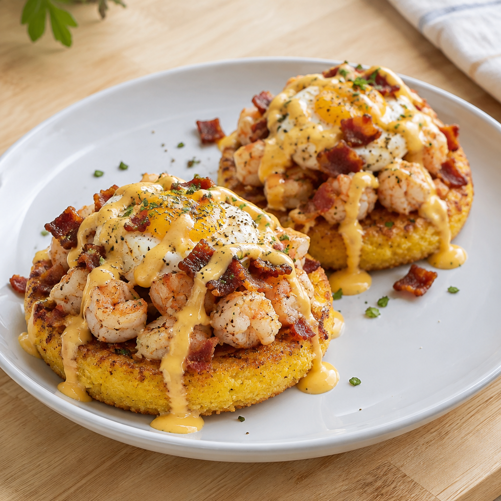 Bacon, Egg & Shrimp Grit Cakes with Smoky Cheese Sauce