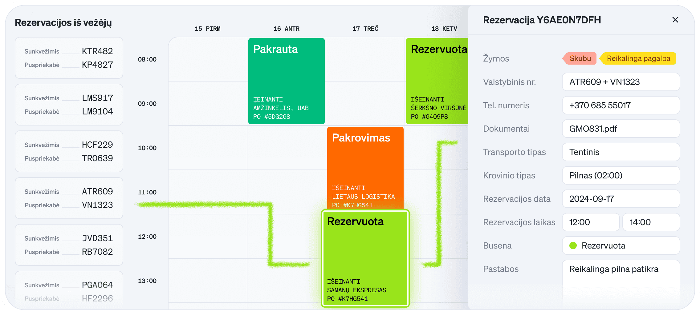 Dokų planavimo ir rezervacijų valdymo skydelis, rodantis sunkvežimių ir puspriekabių rezervacijas, pakrovimo ir iškrovimo būsenas bei detalią rezervacijos informaciją.
