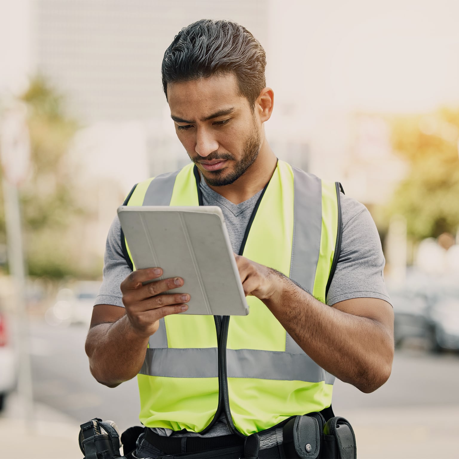 Logistics worker in a high-visibility vest checking information on a tablet outdoors at a transport facility.