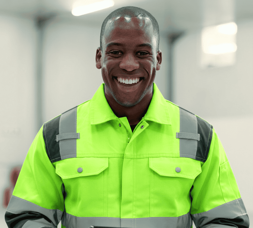 Smiling warehouse worker in a hi-vis safety jacket on the facility floor, supported by Goramp yard management