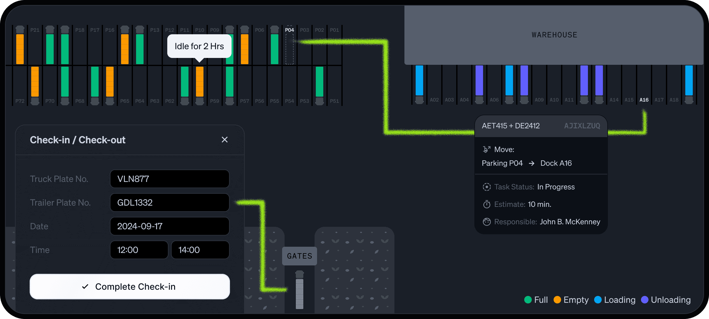 Yard management dashboard showing dock and parking occupancy, truck registration and check-in, gate control, and truck relocation between parking and warehouse ramps with real-time status updates.