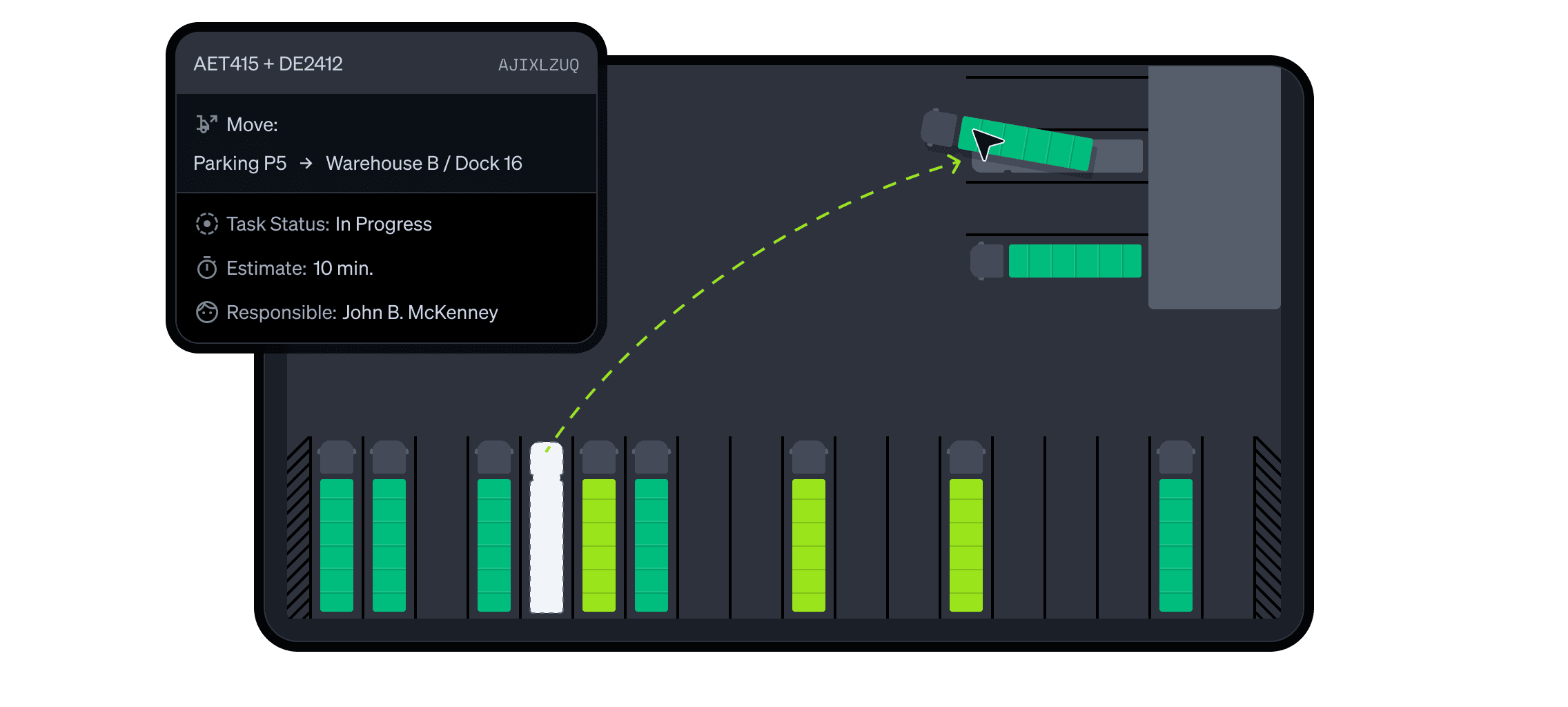 Real-time yard management view showing a truck being relocated from parking to a warehouse ramp, with task status, estimated time, responsible operator, and live movement tracking.