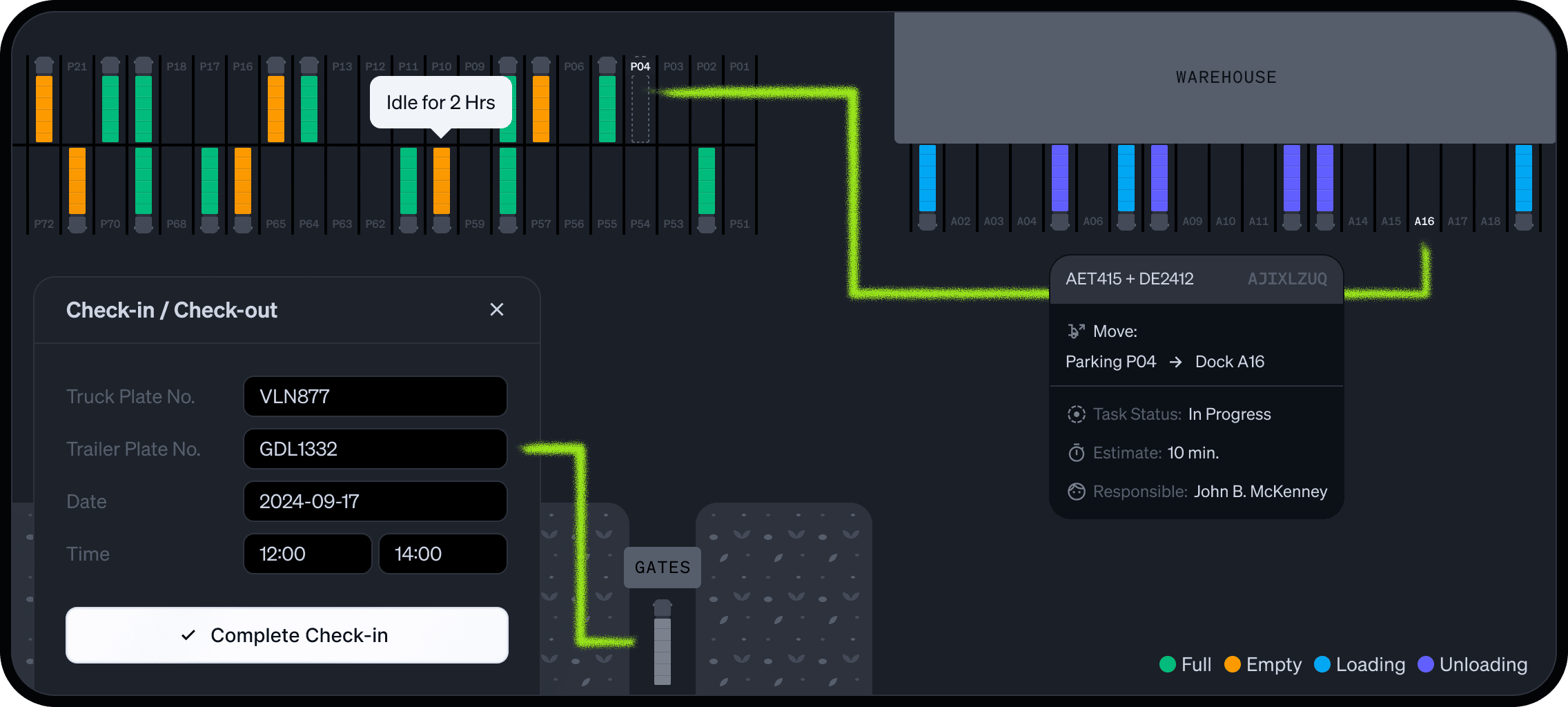 Yard management dashboard showing dock and parking occupancy, truck registration and check-in, gate control, and truck relocation between parking and warehouse ramps with real-time status updates.