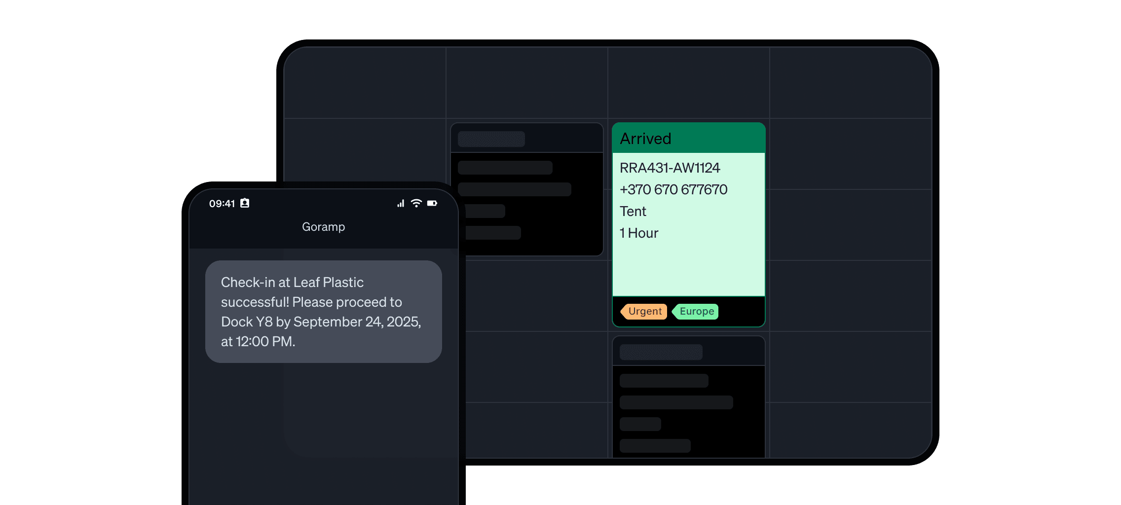 Dock scheduling view with a mobile arrival confirmation, showing a truck marked as arrived, reservation details, transport type, duration, and priority tags in a yard management system.