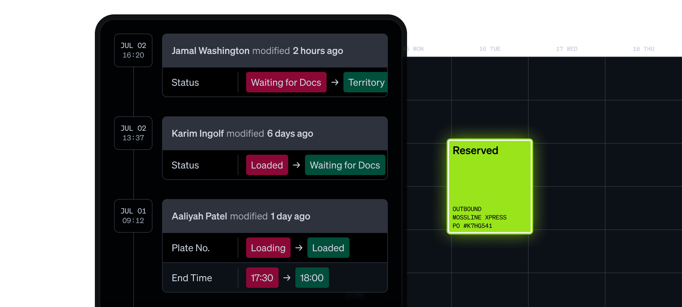 Dock scheduling view with a reservation activity timeline, showing status changes, time updates, responsible users, and a reserved outbound slot on the calendar.