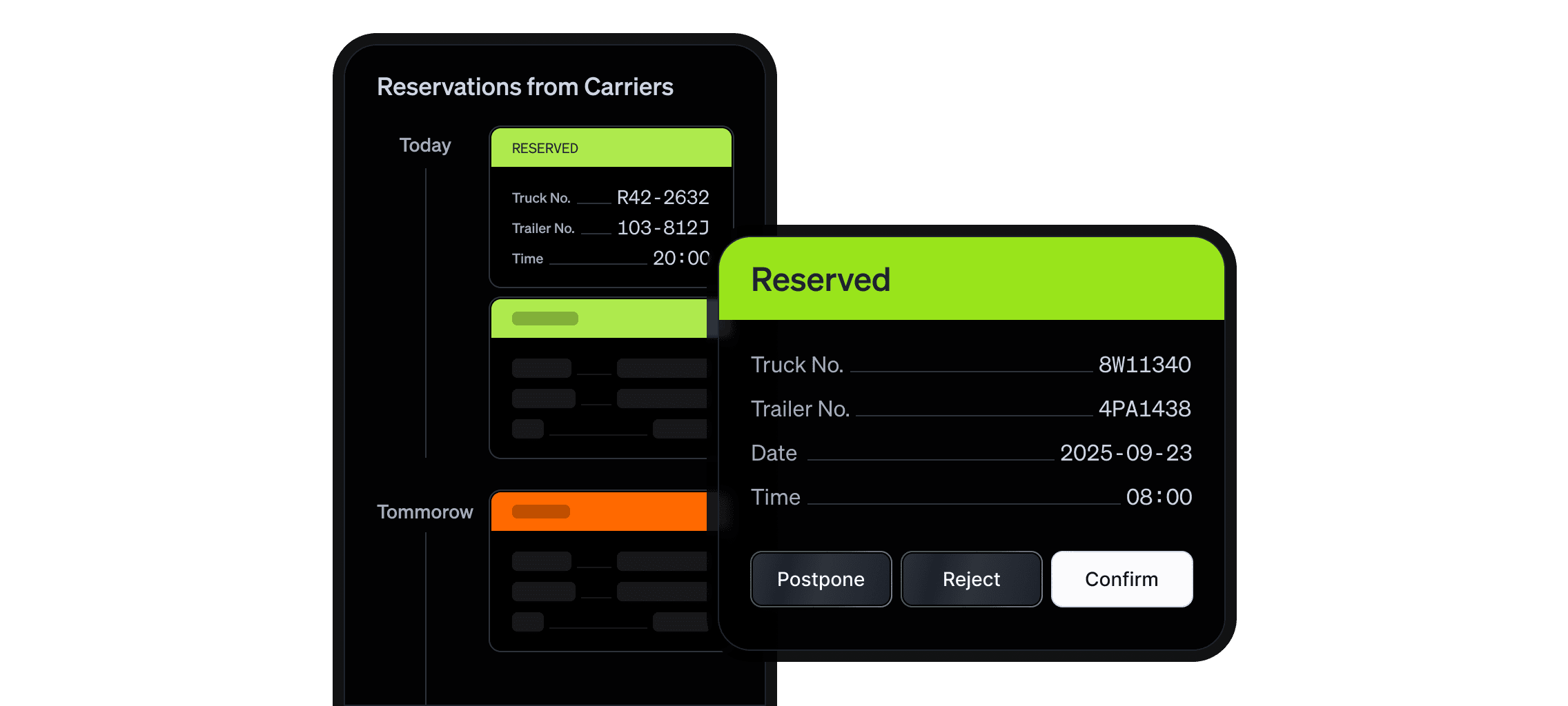 Dock reservation management view showing carrier booking requests with truck and trailer details, date and time, and actions to confirm, reject, or postpone reservations.