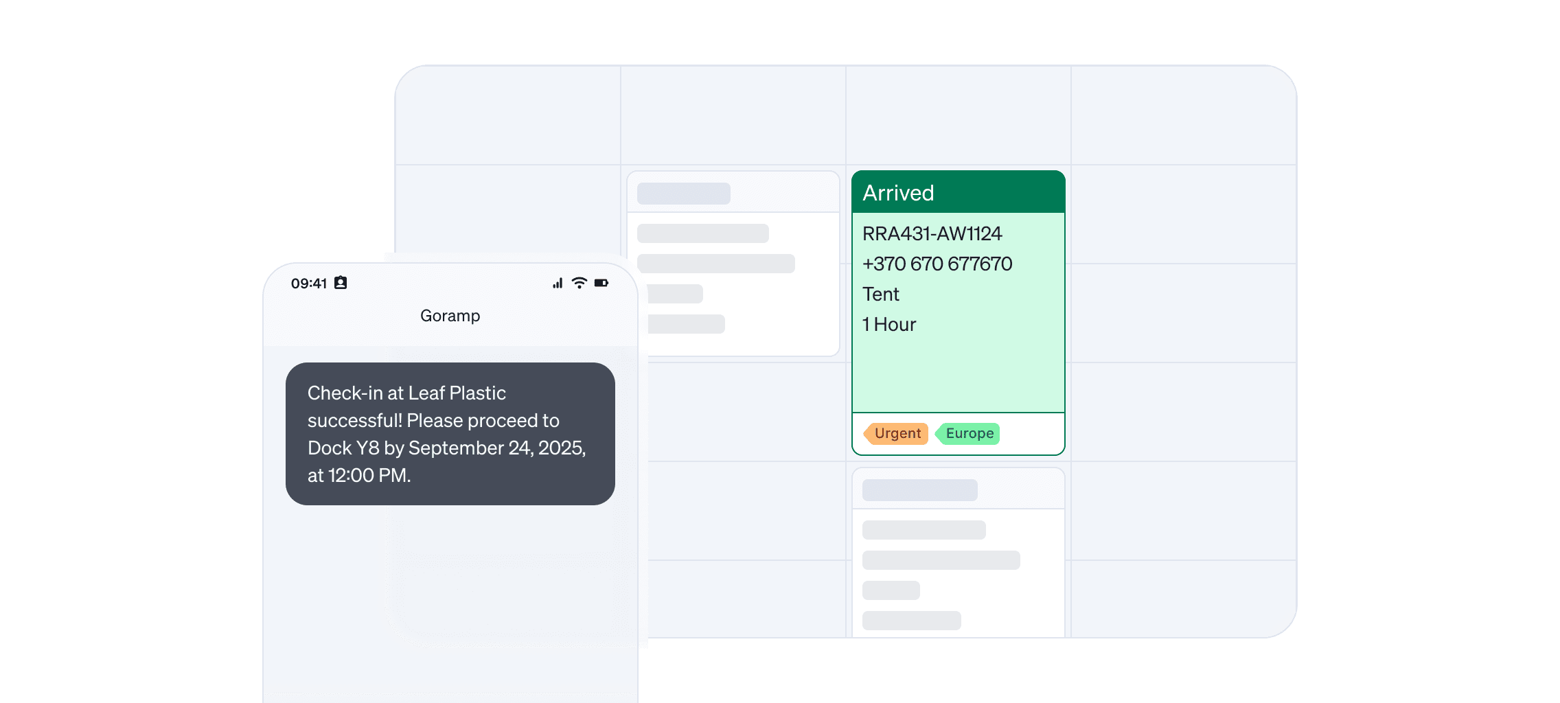 Dock scheduling view with a mobile arrival confirmation, showing a truck marked as arrived, reservation details, transport type, duration, and priority tags in a yard management system.