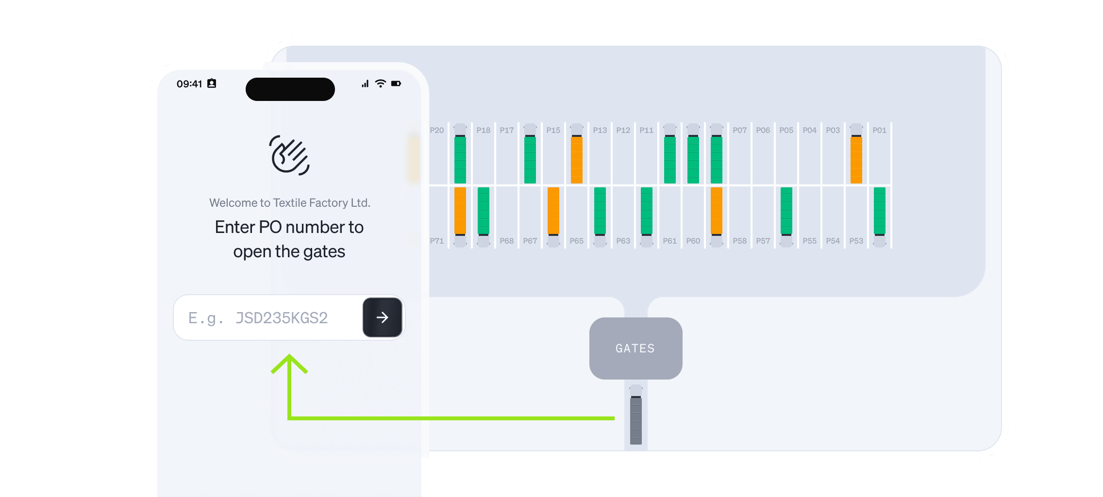 Yard management interface with mobile truck check-in, PO number entry, gate control, and real-time dock occupancy visualization.