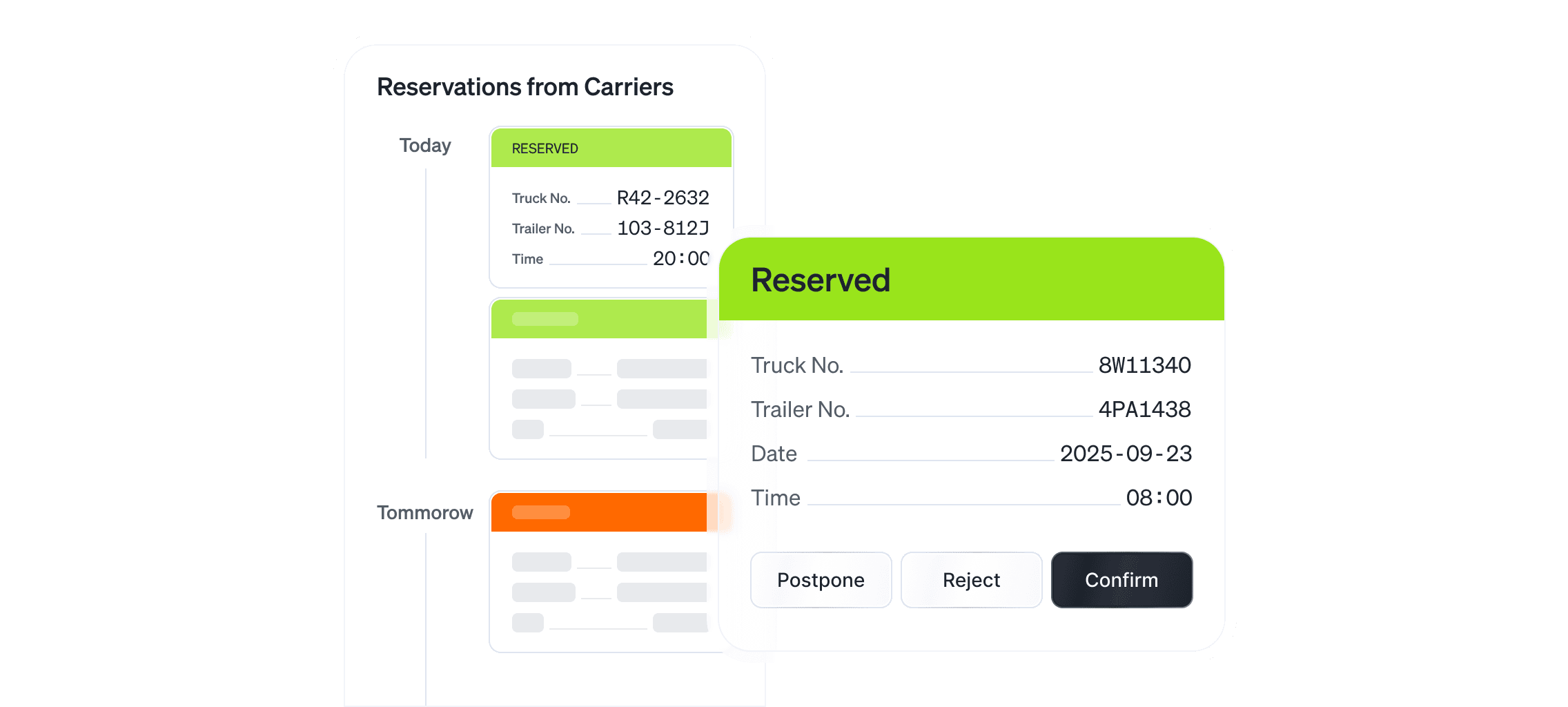 Dock reservation management view showing carrier booking requests with truck and trailer details, date and time, and actions to confirm, reject, or postpone reservations.