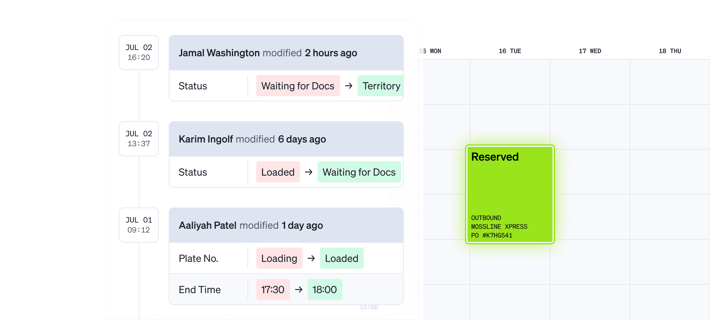Dock scheduling view with a reservation activity timeline, showing status changes, time updates, responsible users, and a reserved outbound slot on the calendar.
