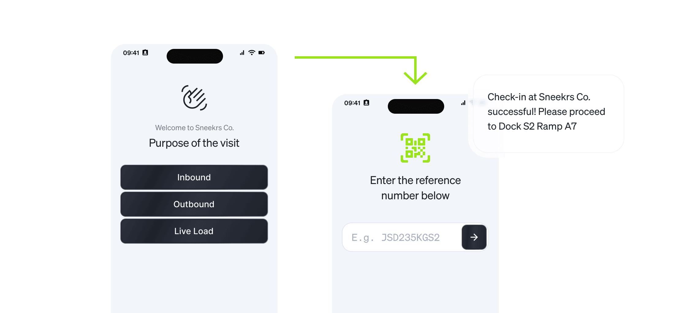 Mobile self check-in flow for truck drivers, showing visit purpose selection, reference number entry, and successful check-in with assigned dock and ramp instructions.