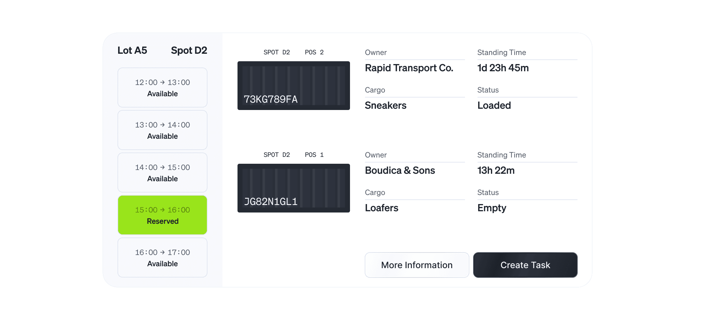 Yard management view showing parking slot availability by time, container positions, cargo details, standing time, load status, and actions to view details or create tasks.