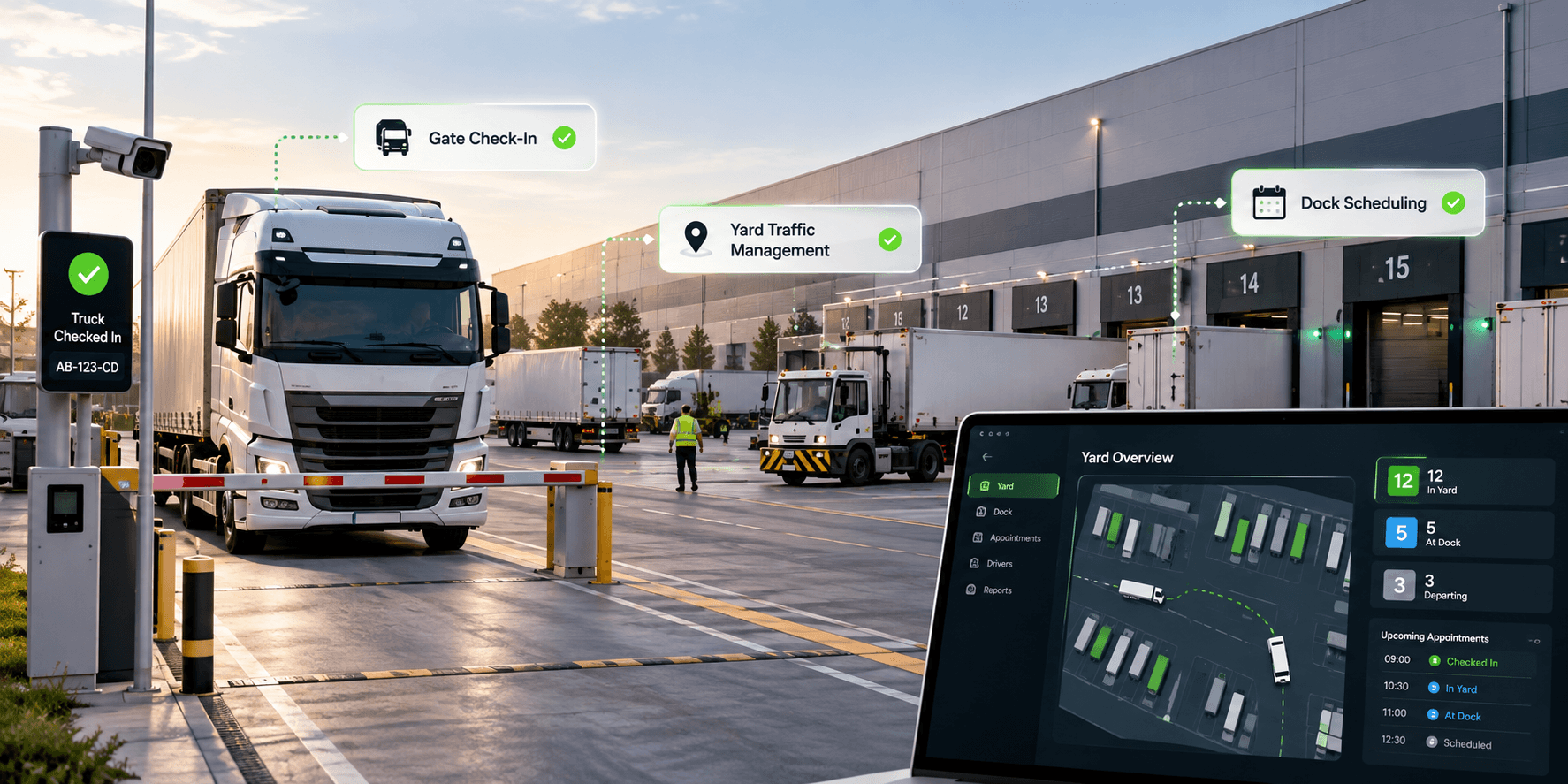 Yard automation platform dashboard with live yard map and gate check-in status