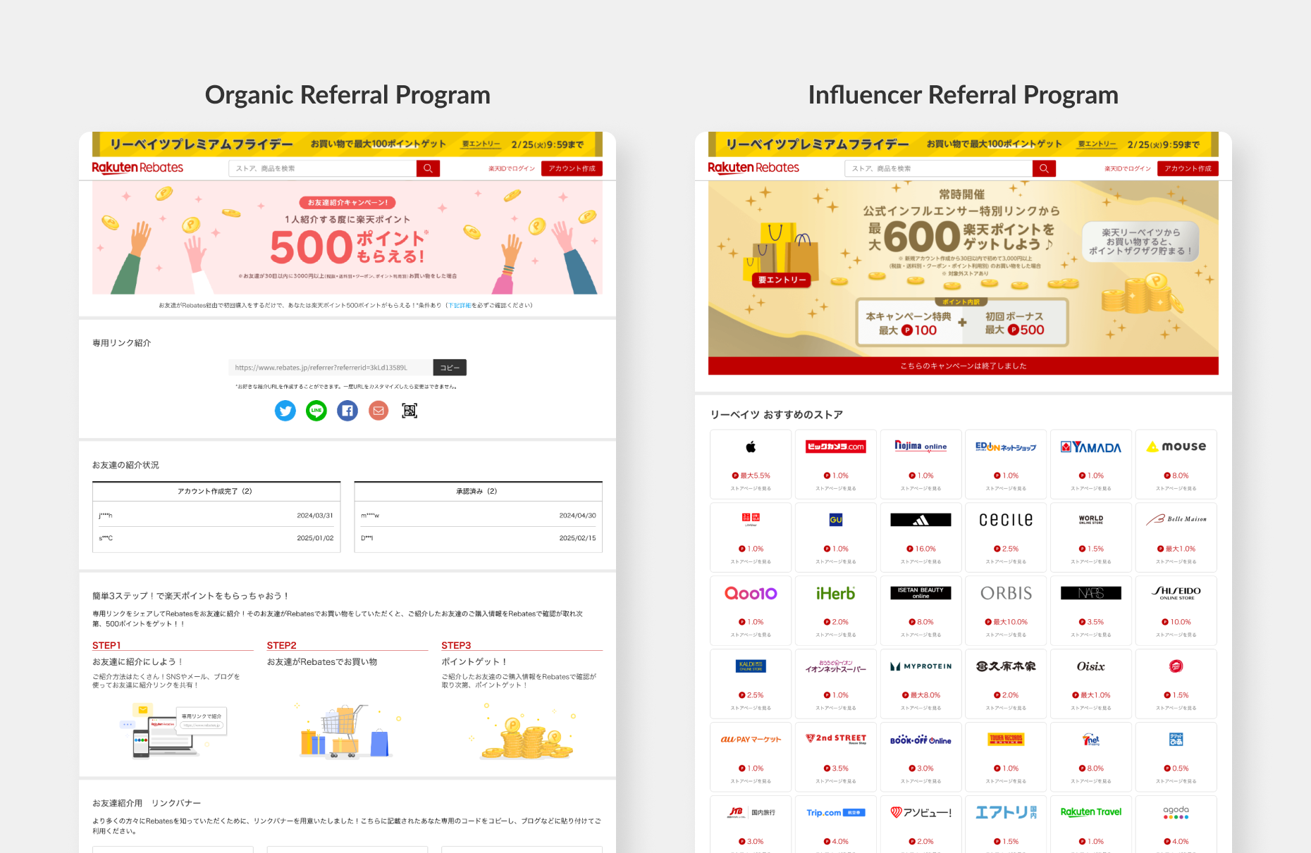 The current Organic and Influencer referral program pages on Rakuten Rebates