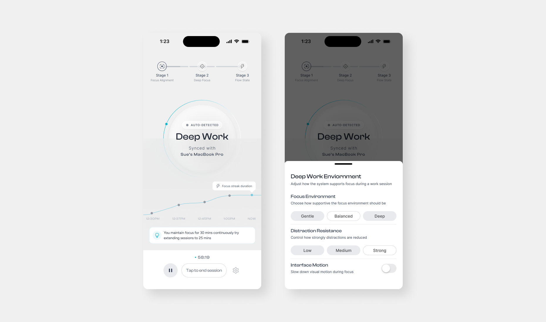 Deep Work mode and settings screens
