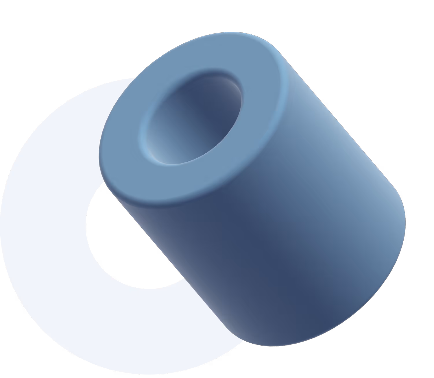 3D illustration of a blue cylindrical hollow object positioned diagonally above a white ring shape on a black background.