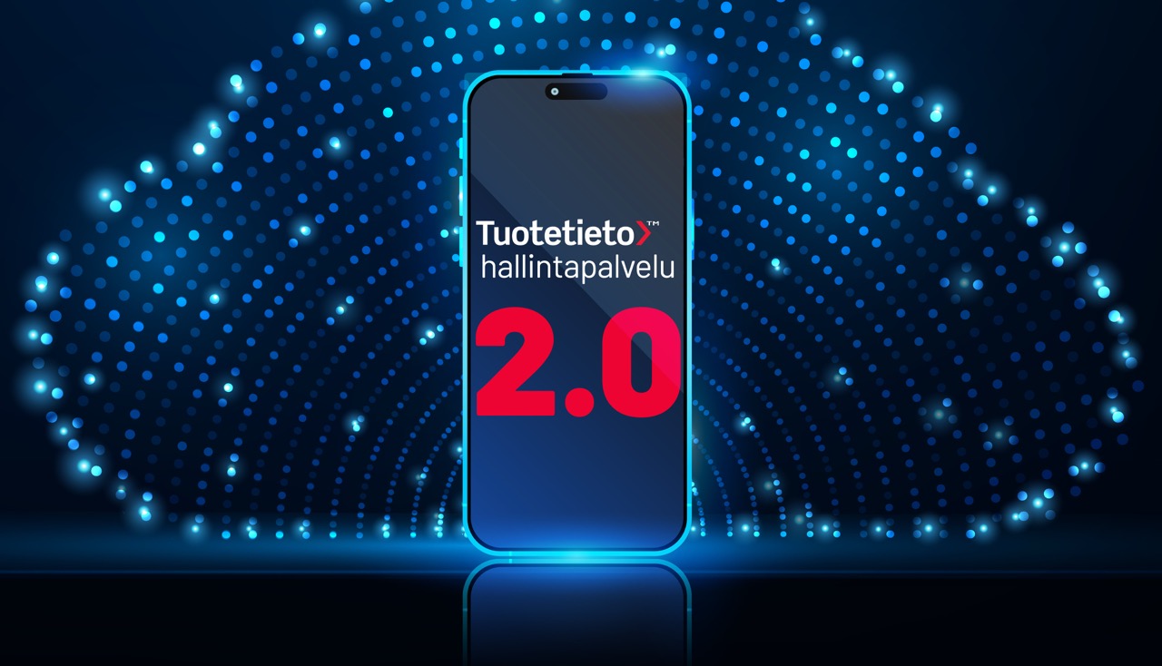 Smartphone with text 'Tuotetieto hallintapalvelu 2.0' on screen, surrounded by blue glowing dot wave pattern on dark background.