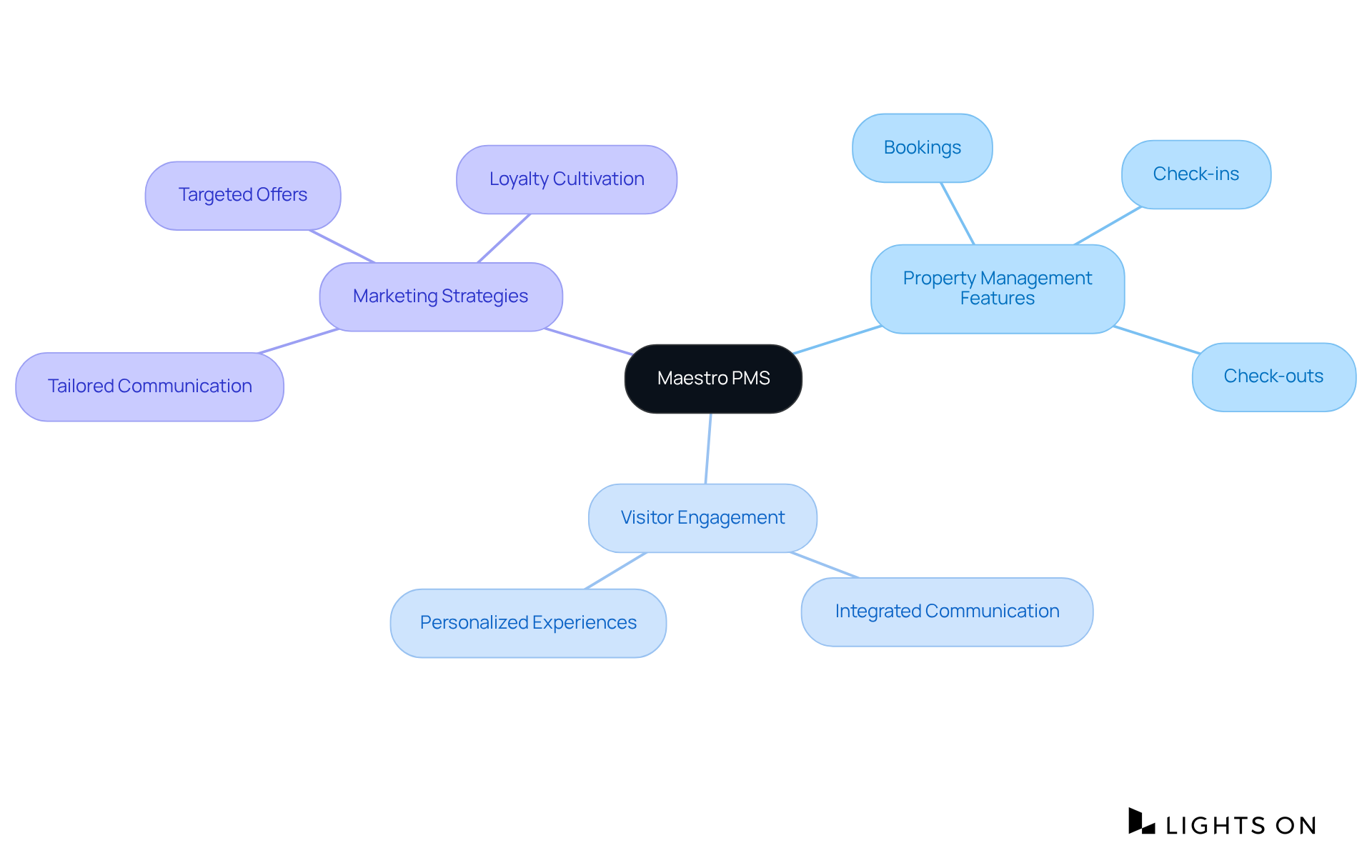 The center node represents Maestro PMS, while the branches outline its key features and applications. Each sub-category shows how these features can enhance visitor experiences and support marketing strategies.
