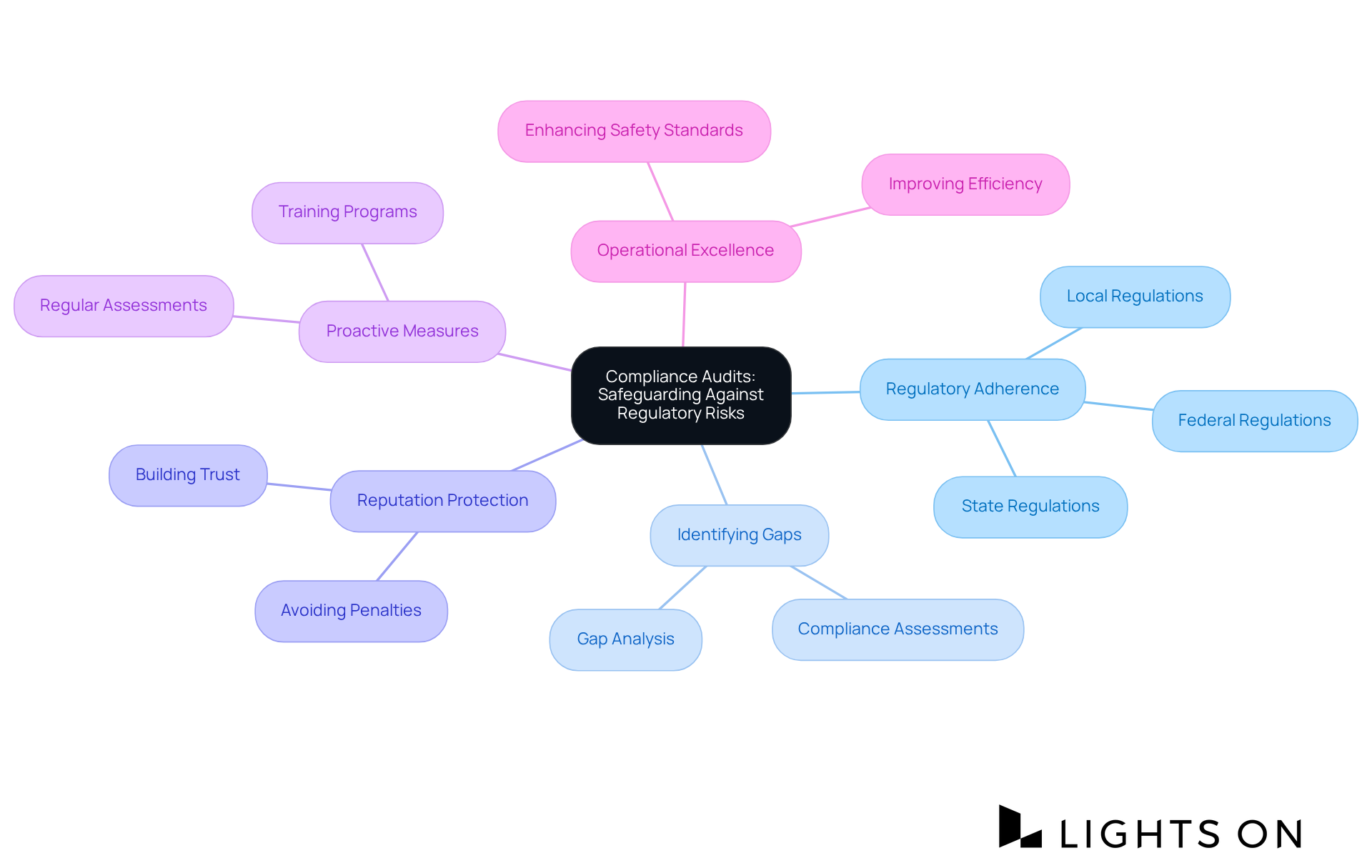 The center represents compliance audits, with branches showing related themes and their importance in maintaining regulatory standards and operational success.