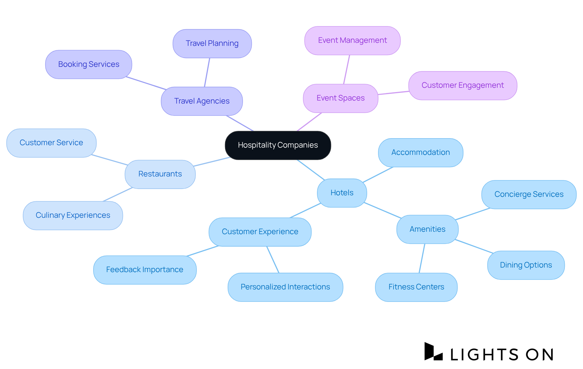 The center represents hospitality companies as a whole, with branches showing the main service areas. Each sub-branch highlights specific functions, illustrating how these services work together to enhance visitor experiences.