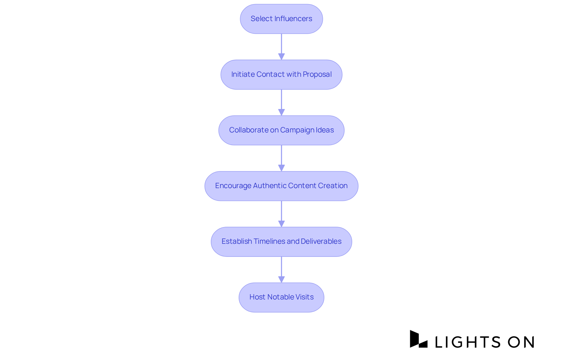 Each box represents a step in creating successful influencer partnerships. Follow the arrows to see how each action leads to the next in the campaign development process. Each box represents a step in creating successful influencer partnerships. Follow the arrows to see how each action leads to the next in the campaign development process.