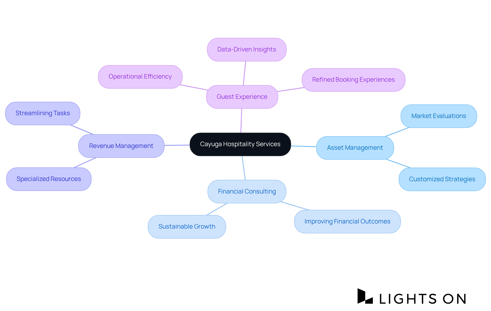 Start at the center with Cayuga's core services, then explore each branch to see how they enhance financial performance and guest experiences. Each color-coded branch represents a different area of focus, making it easy to understand the full scope of their offerings. Start at the center with Cayuga's core services, then explore each branch to see how they enhance financial performance and guest experiences. Each color-coded branch represents a different area of focus, making it easy to understand the full scope of their offerings.