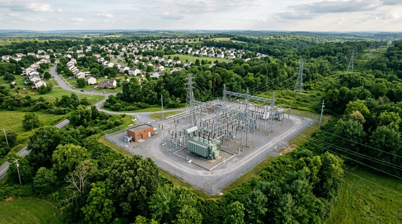 ein großer Leistungstransformator (LPT) in einem US-amerikanischen Umspannwerk aus einer vergrößerten, erhöhten Vogelperspektive/Drohnenansicht