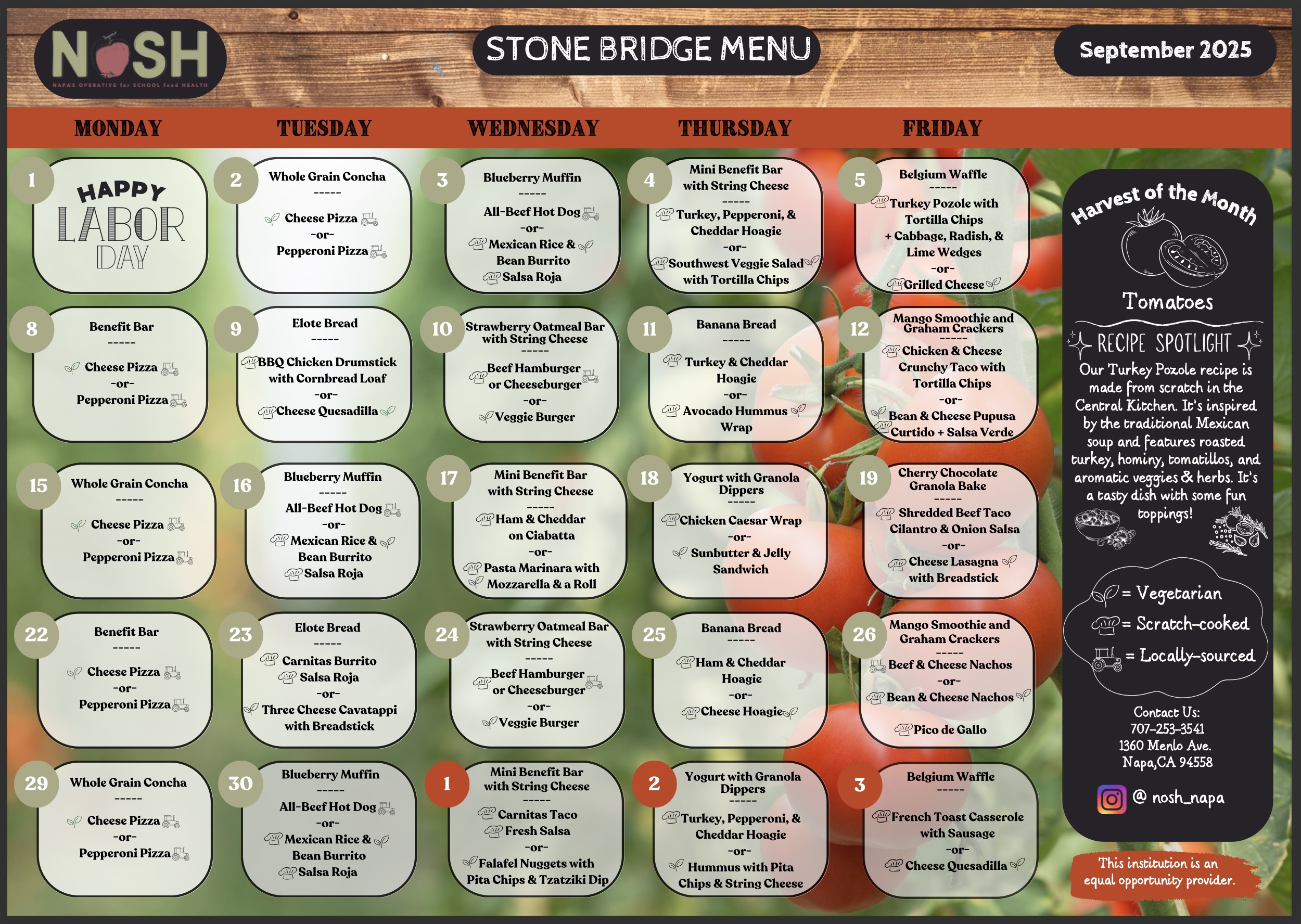 Calendar of September 2025 NOSH meals