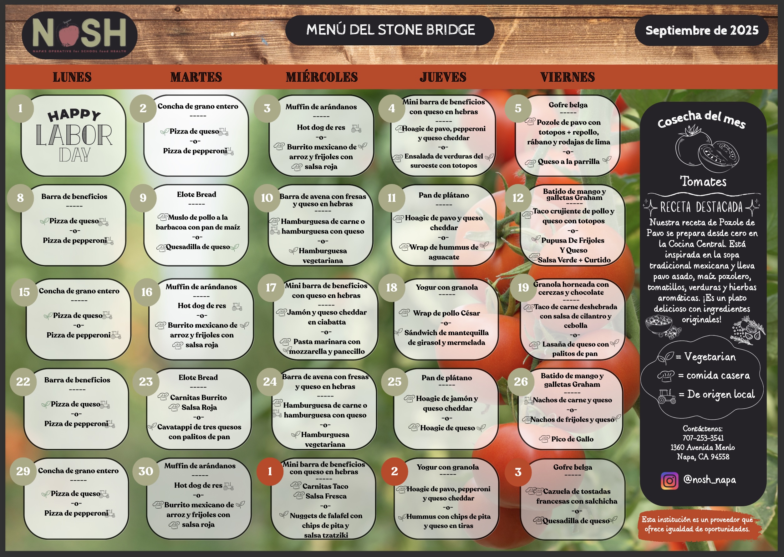 Un calendario de comidas NOSH de septiembre