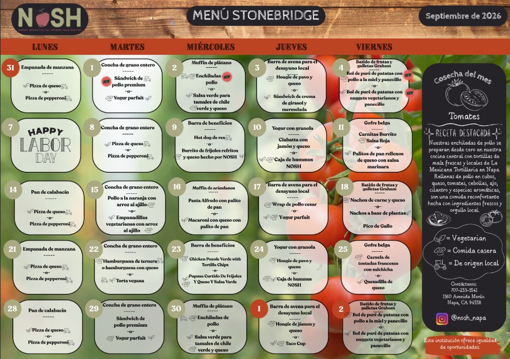 Un calendario de comidas NOSH de septiembre