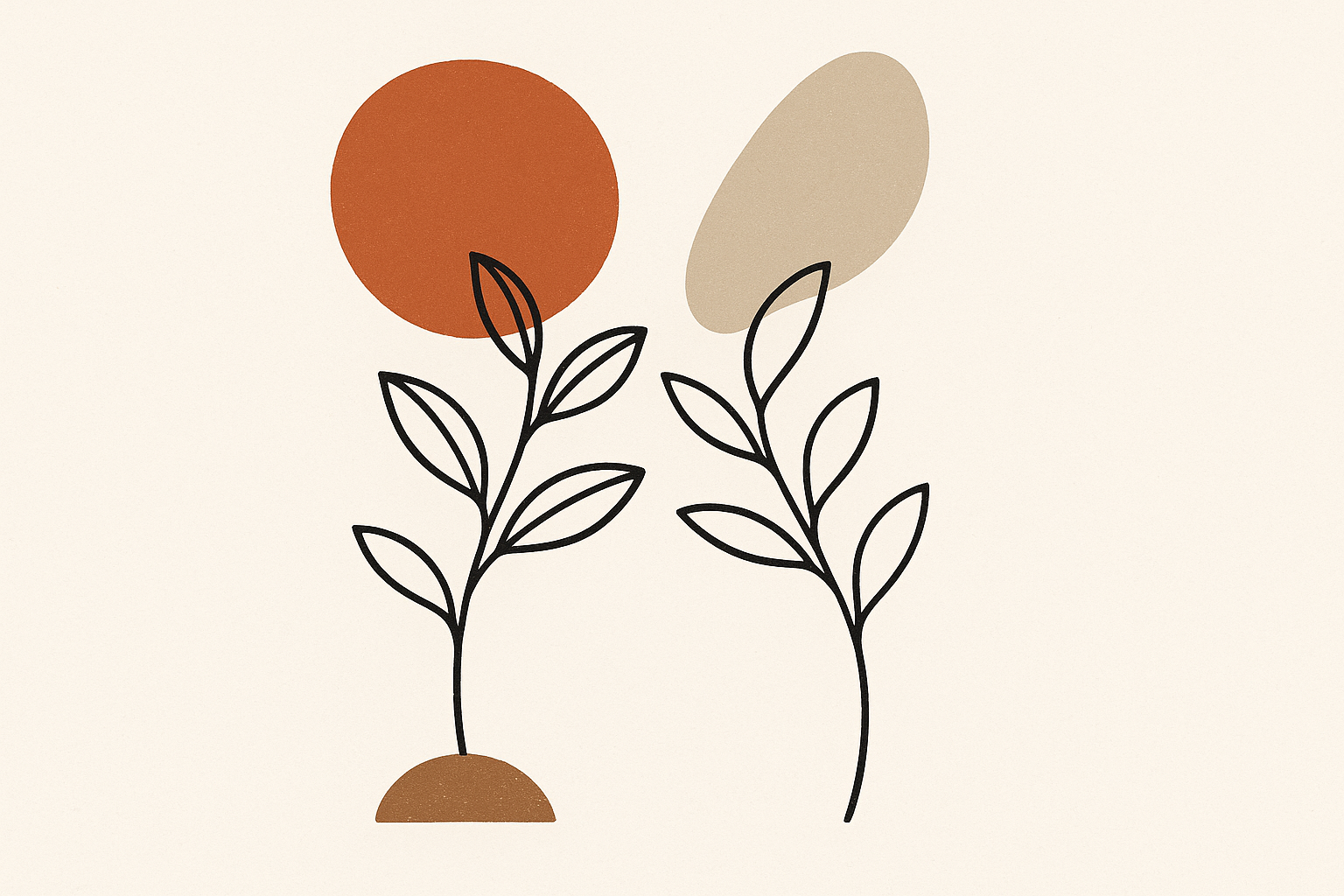 Abstract illustration of two plants growing from opposite directions, almost touching in the middle.