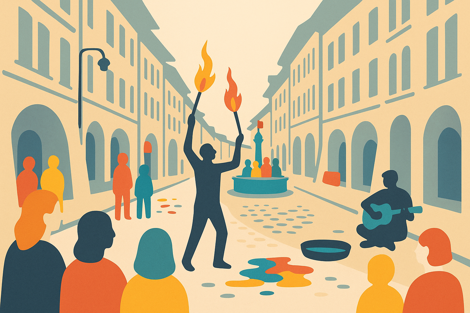 Colourful street performance in Bern's Old Town during the Buskers Festival