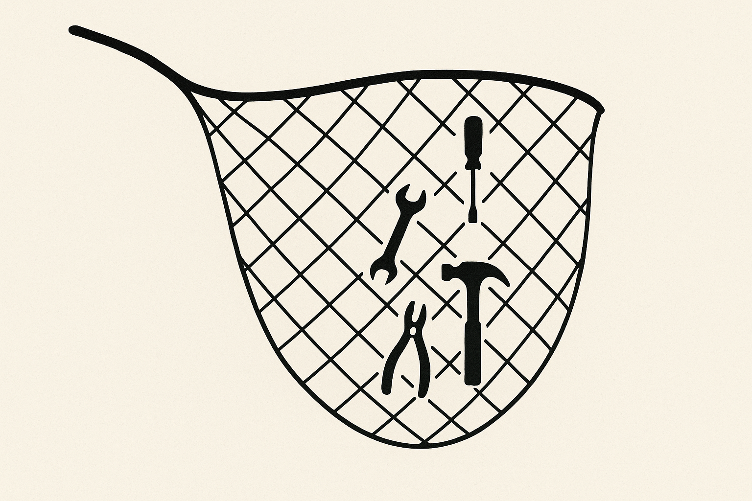 Symbolic net holding tools instead of fish, shown in a minimal style.