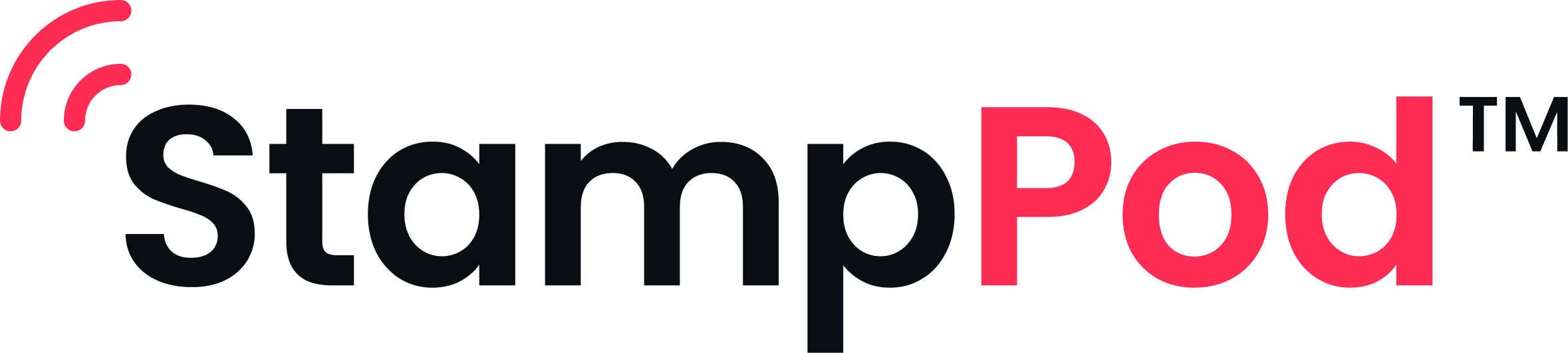 StampPod logo with black and red text and red curved signal lines above the S