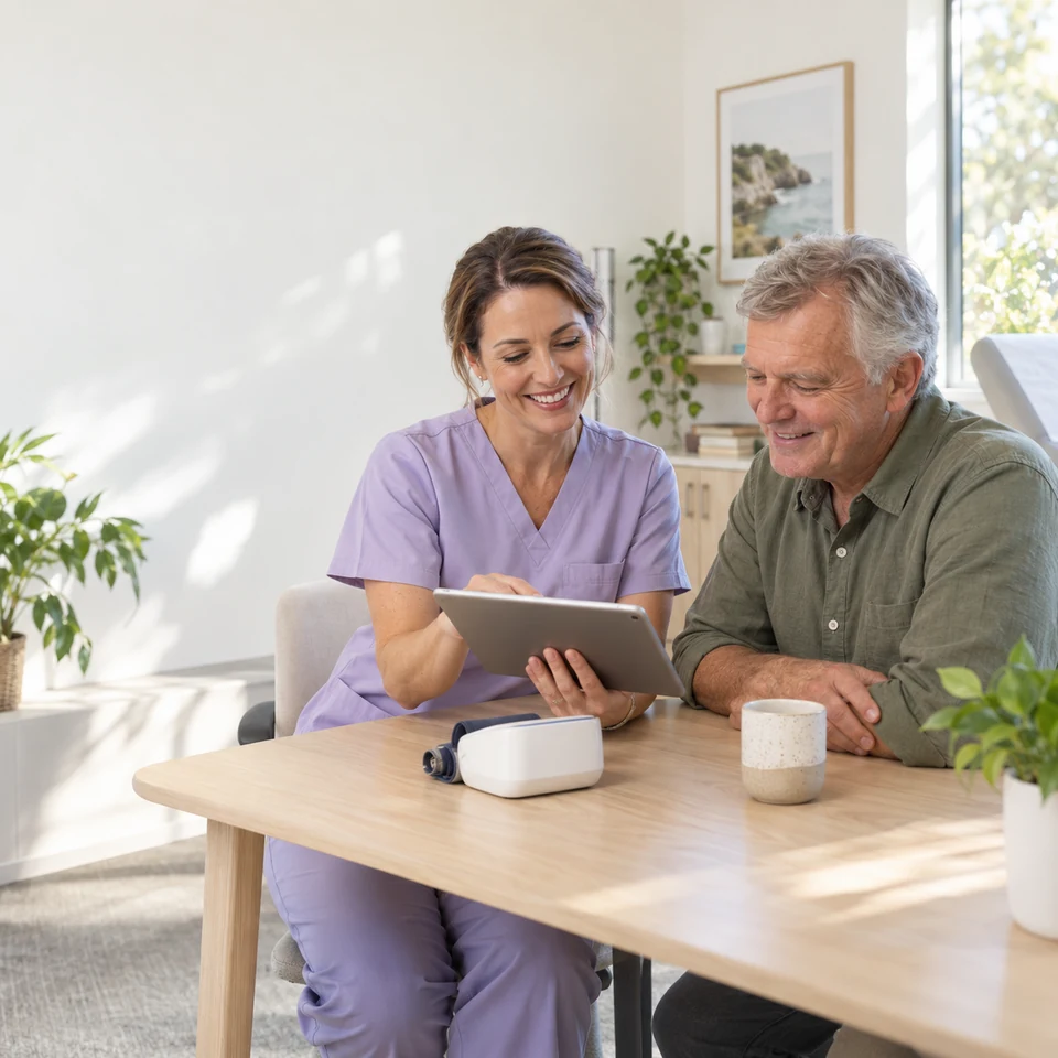 Illustrative clinician and patient reviewing health information together