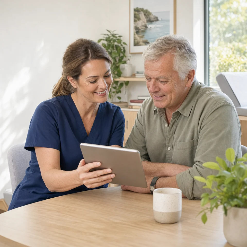 A heart failure nurse and an older patient reviewing his care plan together on a tablet in a clinic
