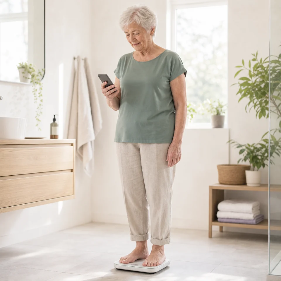 An older woman weighing herself on bathroom scales at home with her phone in hand
