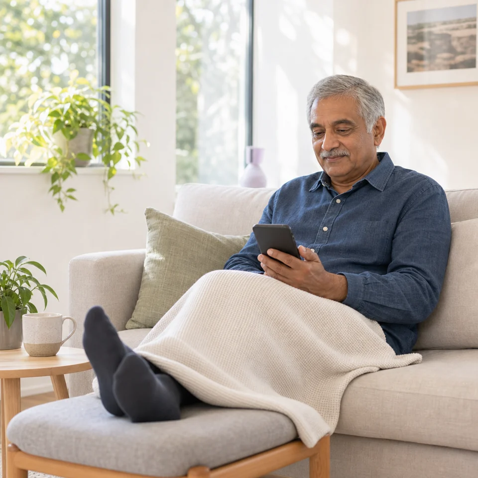 A man resting on a sofa at home with his feet raised, completing a symptom check-in on his phone